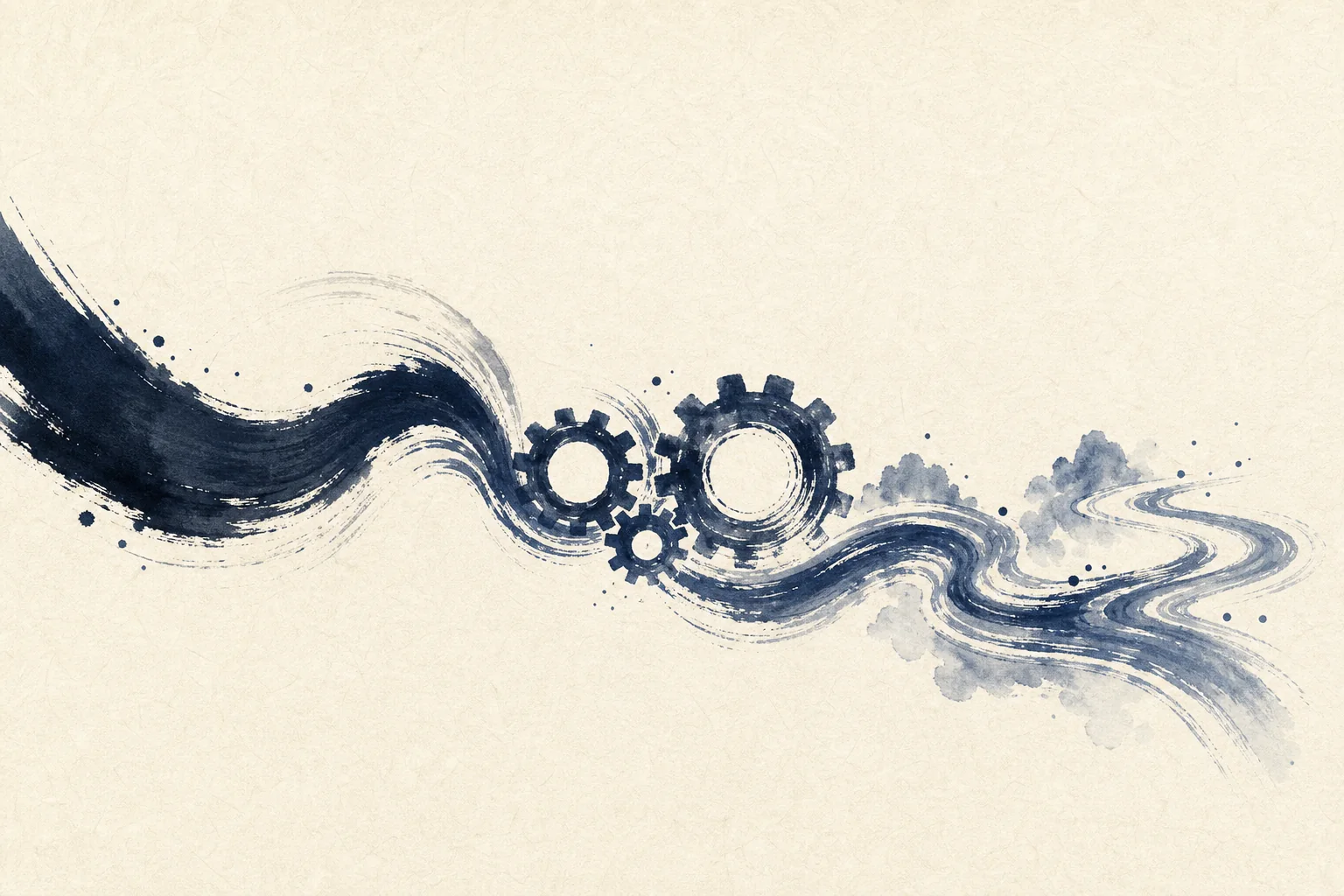 墨絵調のイラスト。一筆の筆致が歯車となって噛み合い、やがて水の流れとなって右へ広がっていく。